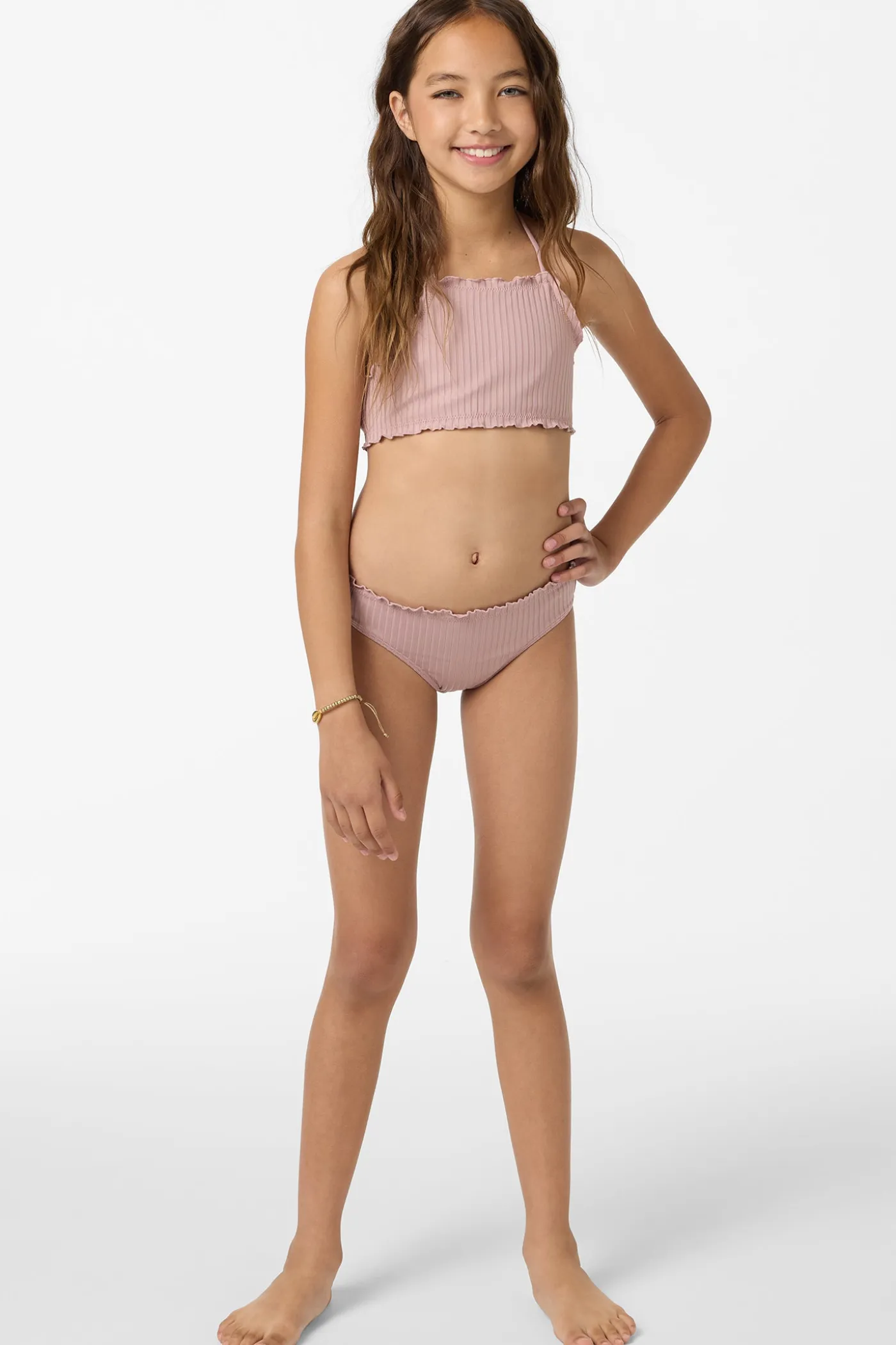 Girl's Shorebreak Rib Ruffle Edge Hi Neck Swim Set