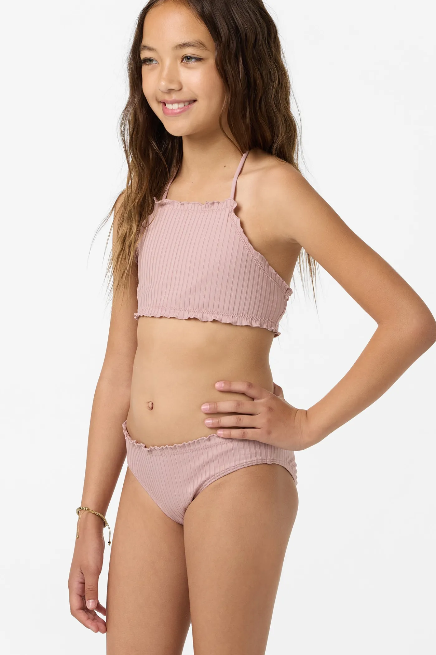 Girl's Shorebreak Rib Ruffle Edge Hi Neck Swim Set